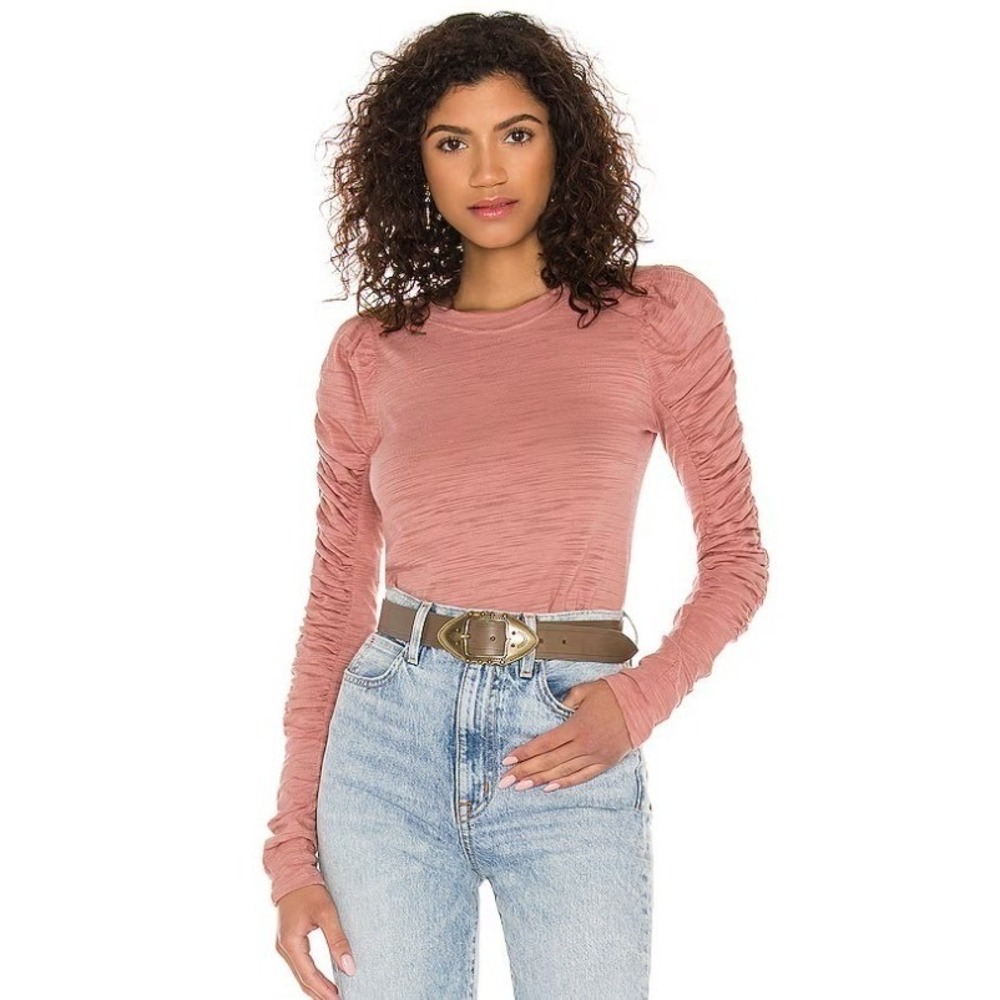 We The Free Natasha T-shirt Womens Medium Rose Pink Ruched Long Sleeve OB1194105
